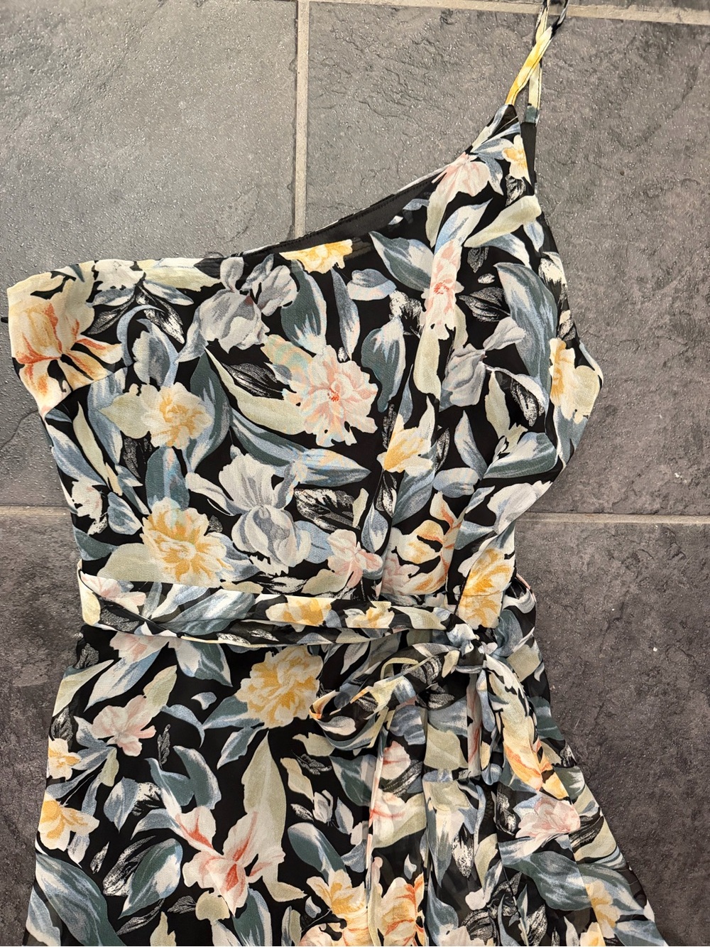 Petal & Pup Black One-Shoulder Floral Wrap Dress with Yellow & Cream Blooms